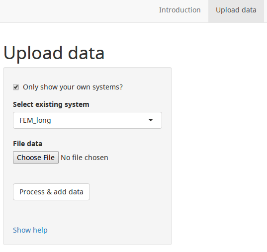 Screenshot of data upload